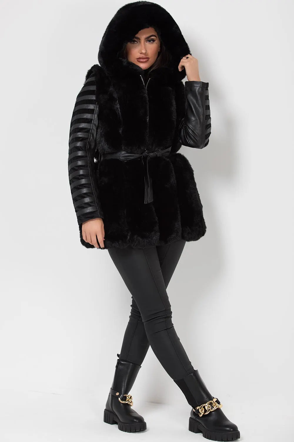 Faux Fur Faux Leather Hooded Panelled Sleeve Jacket Black