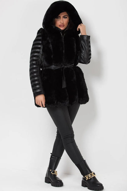 Faux Fur Faux Leather Hooded Panelled Sleeve Jacket Black