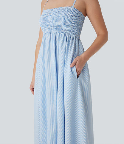 Shirred Stripe Midi Slip Dress with Pockets