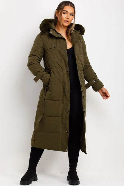 Long Puffer Trench Coat With Belt And Faux Fur Hood Khaki