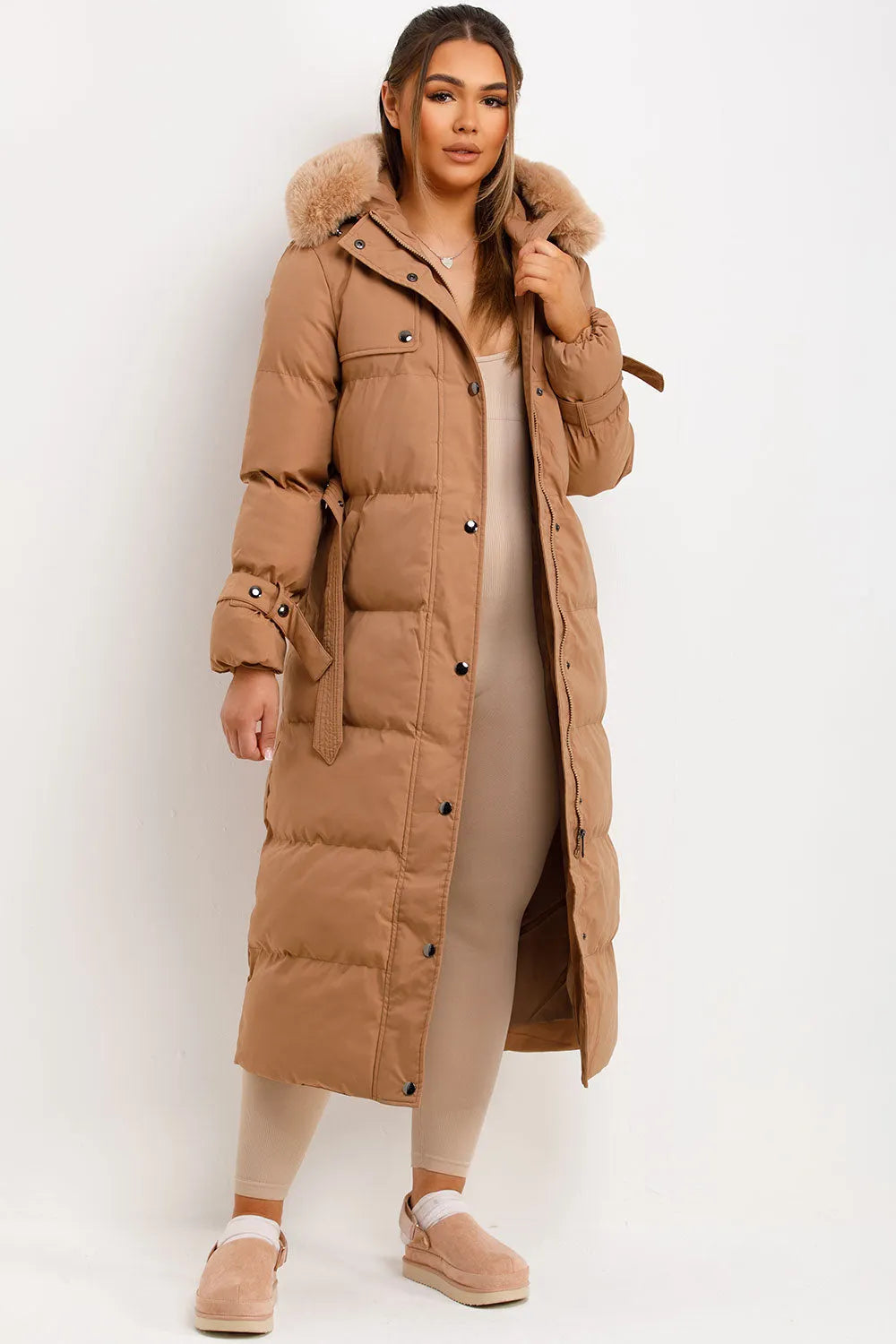 Long Puffer Trench Coat With Belt And Faux Fur Hood Camel