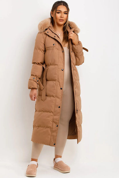 Long Puffer Trench Coat With Belt And Faux Fur Hood Camel