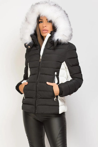 Puffer Jacket With Faux Fur Hood Black And White
