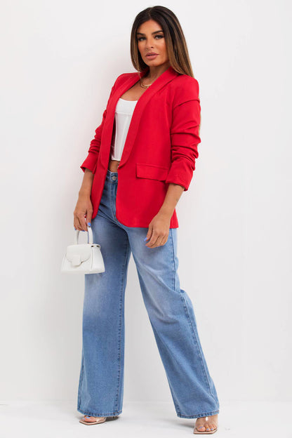 Red Ruched Sleeve Blazer
