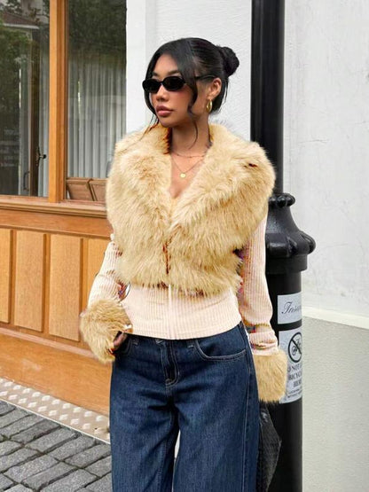 Women's Fashion Street Style Patchwork Knit Faux Fur Jacket, Zipper Long Sleeve Coat, Fall & Winter Thick Fabric, Casual Wear