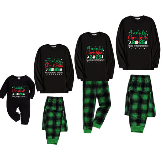 Christmas Family Matching Pajamas-Black Top and Green Plaid Pants Pjs Set with "Family Christmas 2025" and Santa Pattern Print