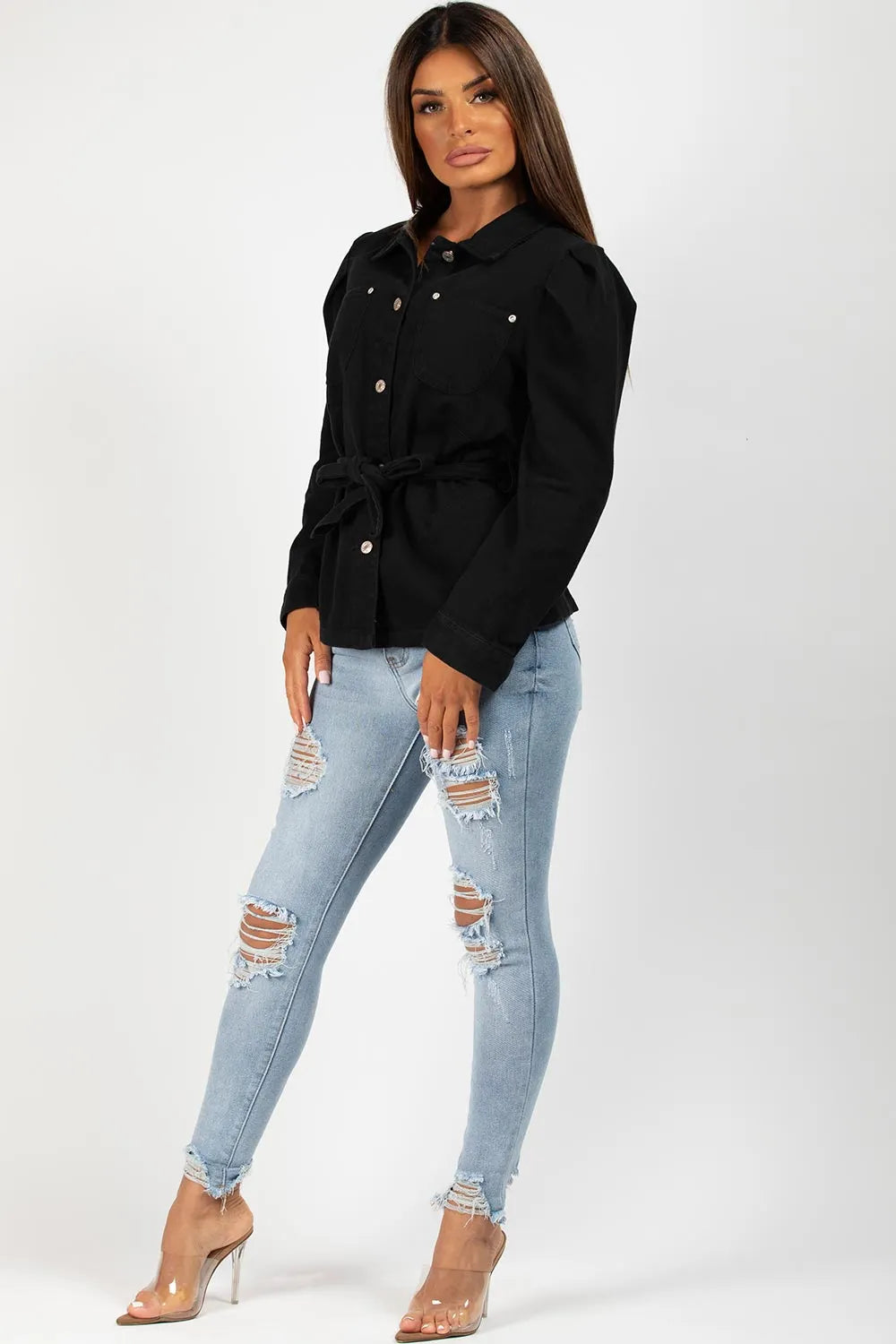 Black Denim Jacket With Puff Sleeves