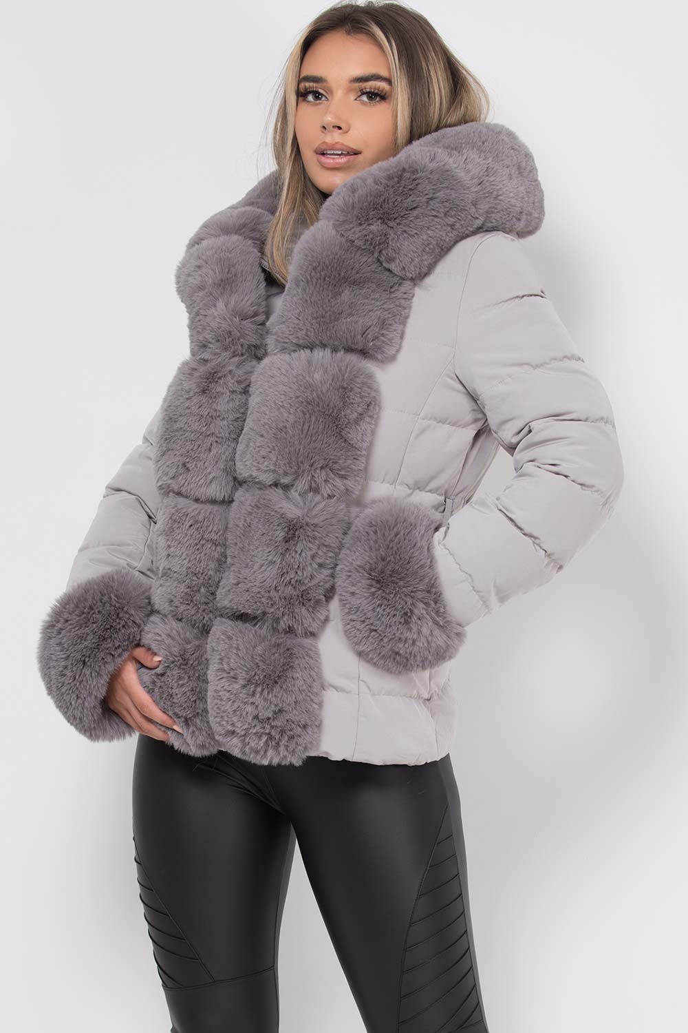 Puffer Jacket With Luxury Faux Fur Hood And Trim Grey