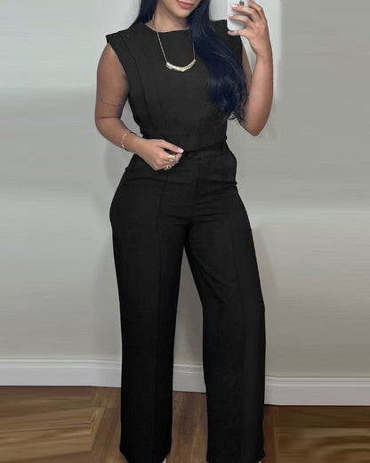 2 Pieces Outfit 3D Cutting Decor Design Cap Sleeve Hollow-out Back Crop Top and Casual Zipper Fly Seam Front Straight Pants Set