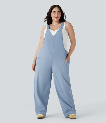 FlexTM V Neck Washed Denim Casual Plus Size Overalls with Pockets
