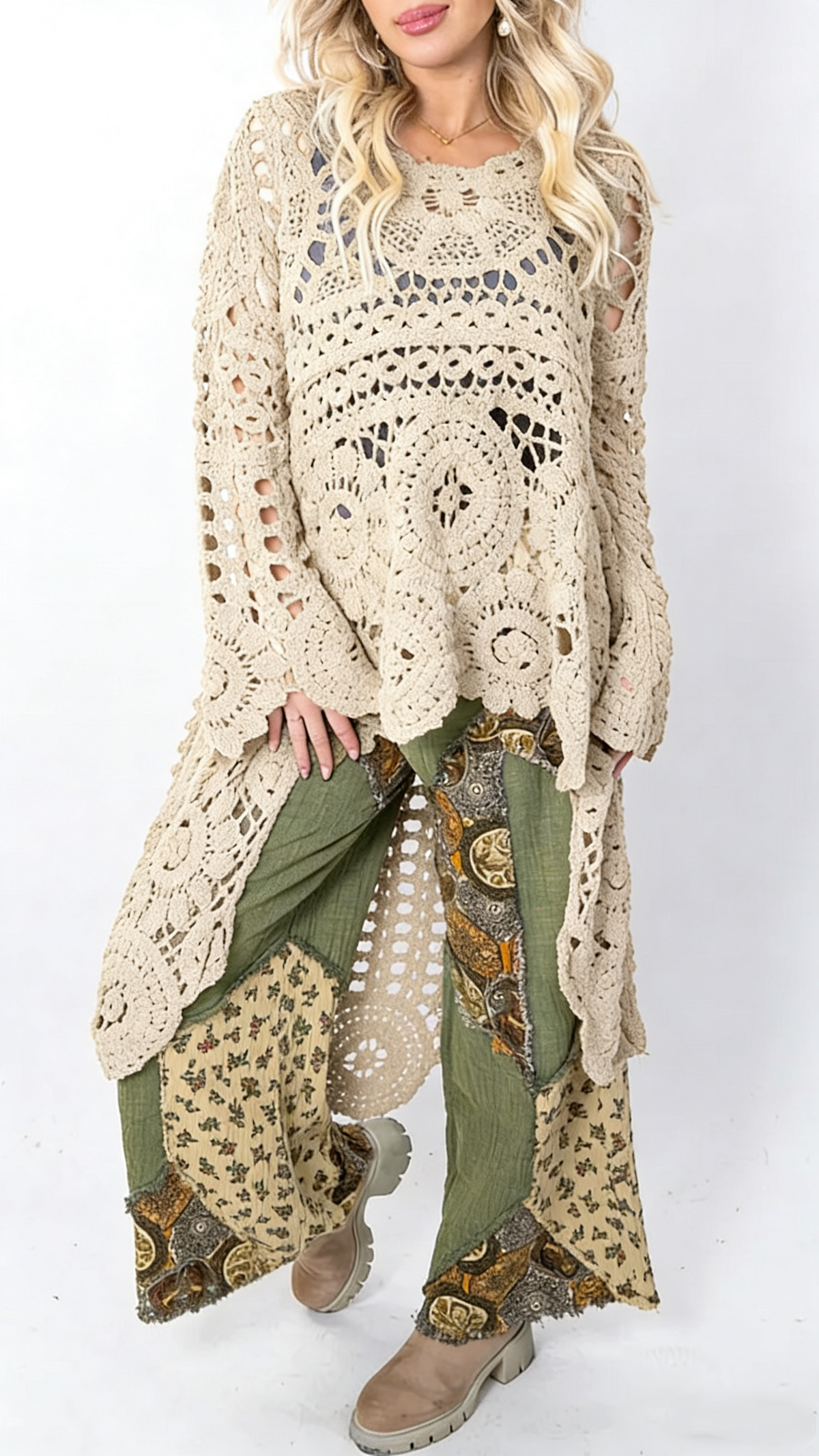Women Round Neck Printed Hollow Out Casual Long Top