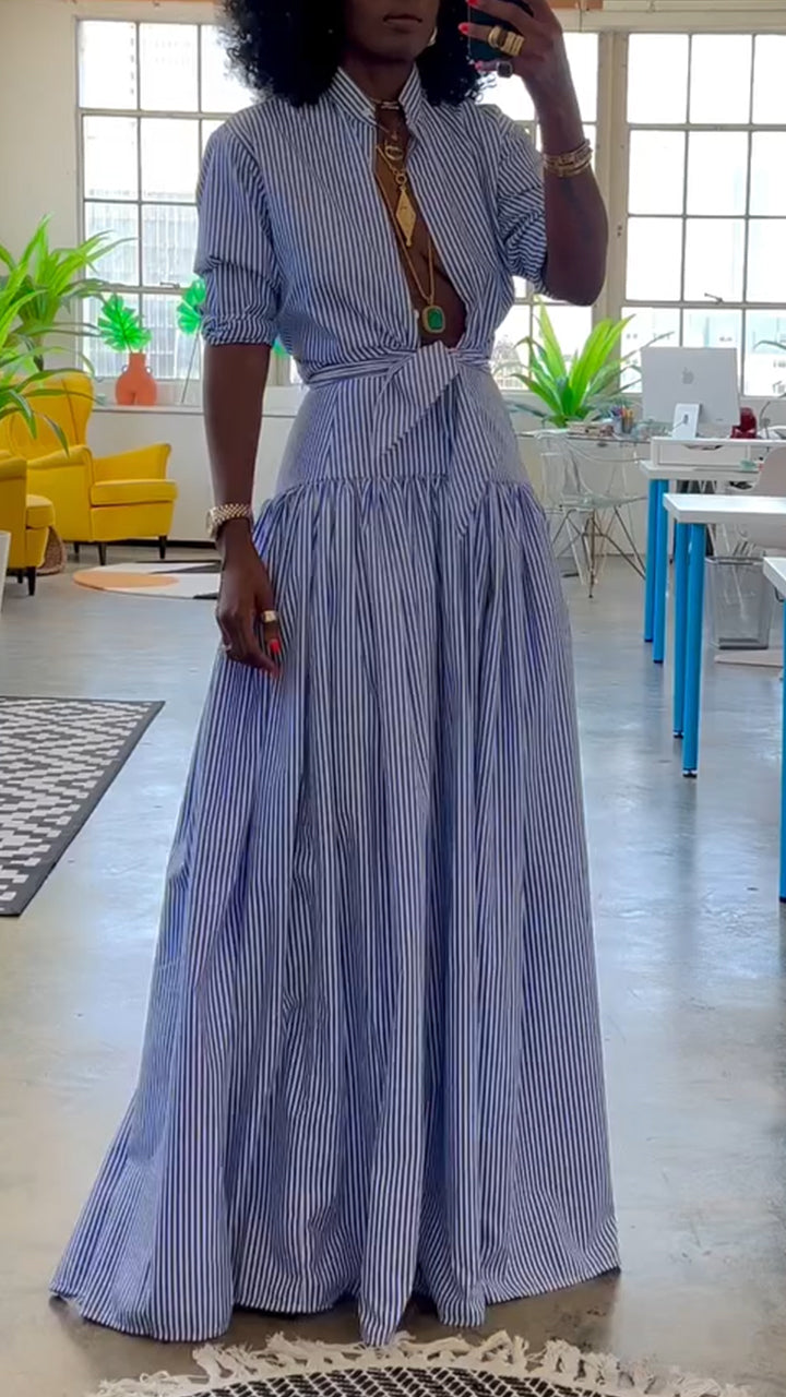 Women's Stand Collar Striped Fishtail Dress