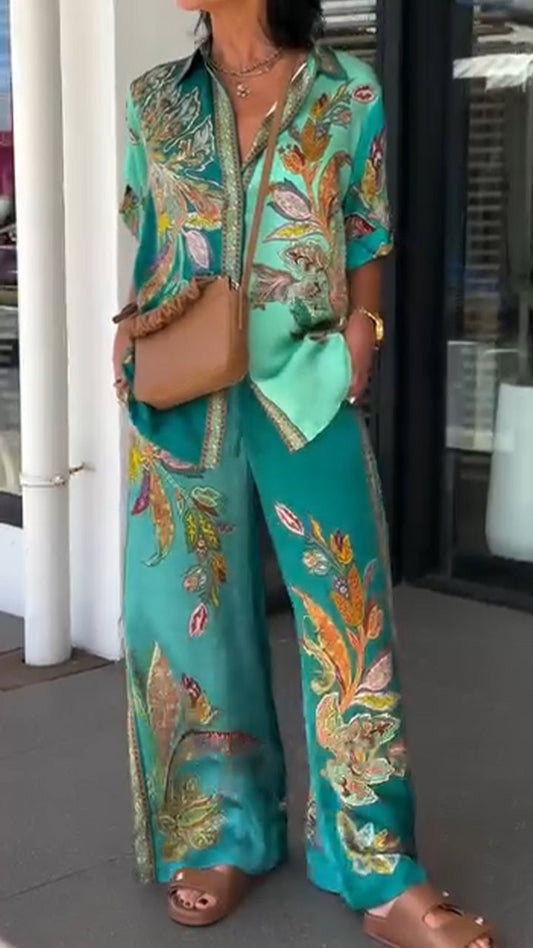 Women's Collar Printed Top+pants Loose Casual Suit