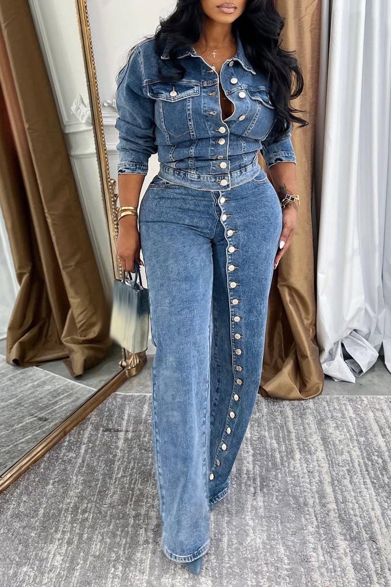 Women Collar and Buckle Splicing Casual Denim Suit