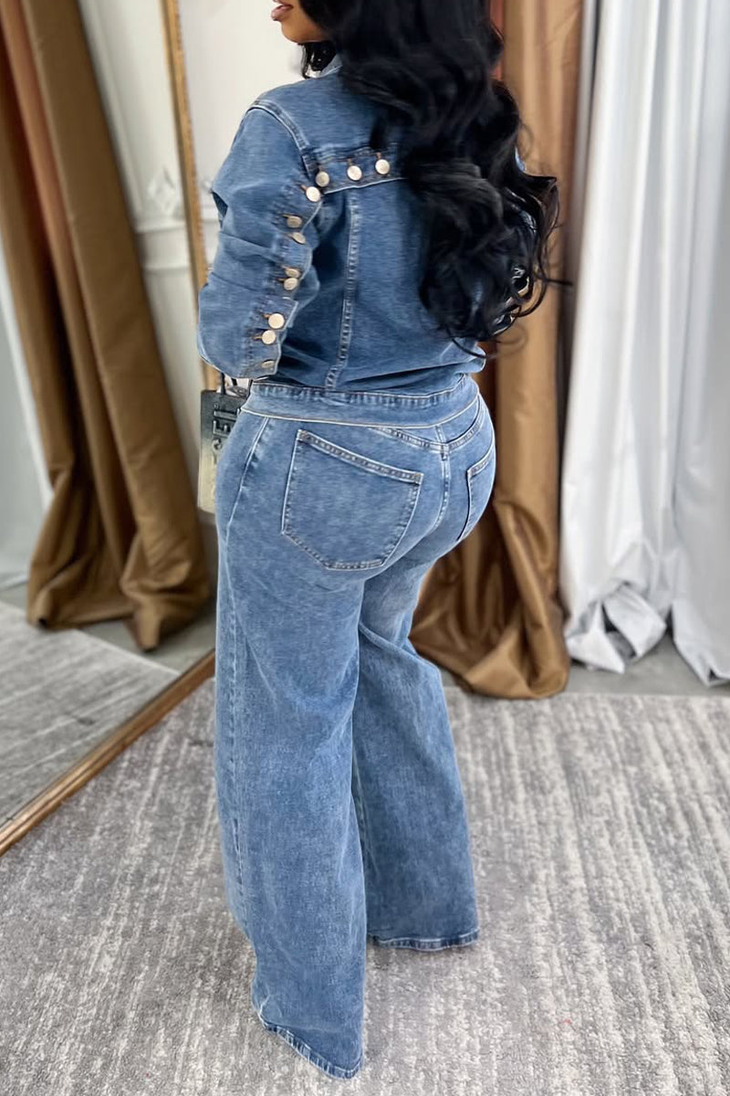 Women Collar and Buckle Splicing Casual Denim Suit