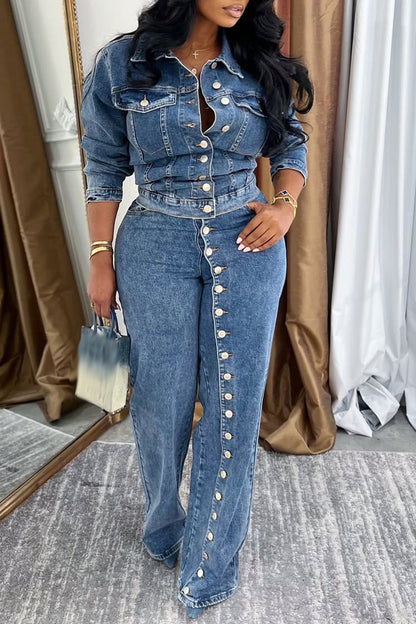 Women Collar and Buckle Splicing Casual Denim Suit