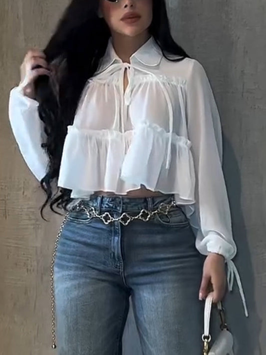 Womens Collar Patchwork Casual Top