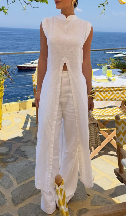 Womens Round Neck Long Top+ Pants Solid Color Casual Suit