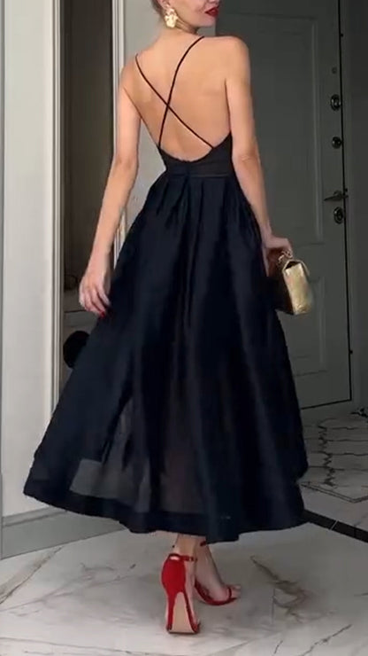 Women Spaghetti Strap Patchwork Solid Color Elegant Casual Dress