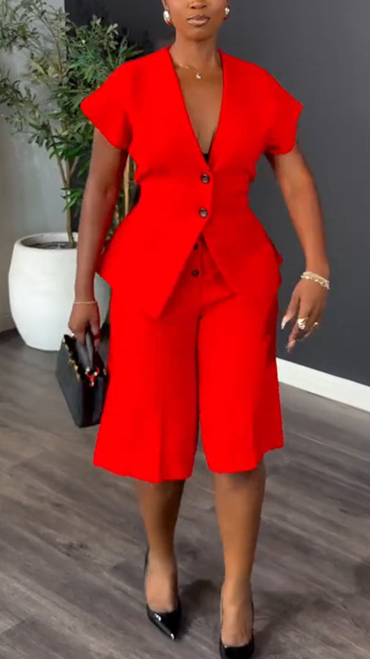 Womens V-neck Jacket+ Pants Casual Set with Temperament
