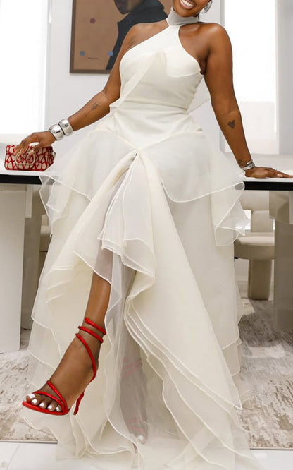 Women Neck Hanging Patchwork Mesh Elegant Temperament Dress