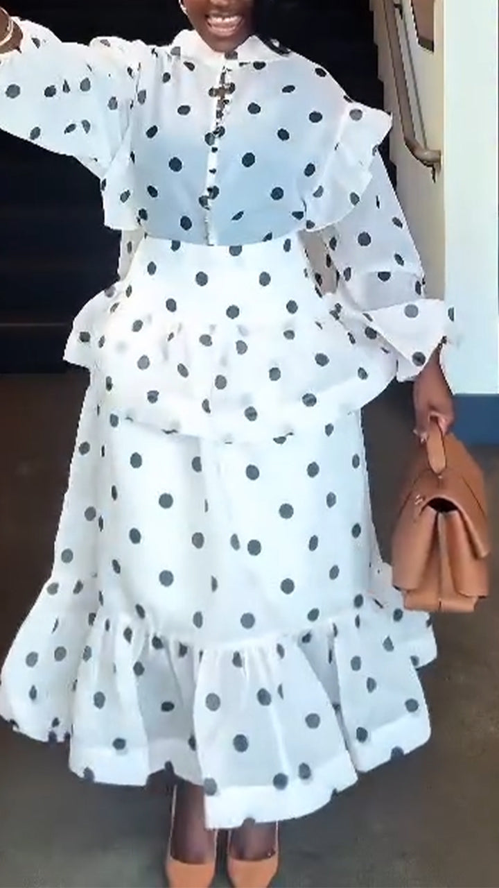 Women Round Neck Polka Dot Top+ Patchwork Skirt Casual Set with Temperament