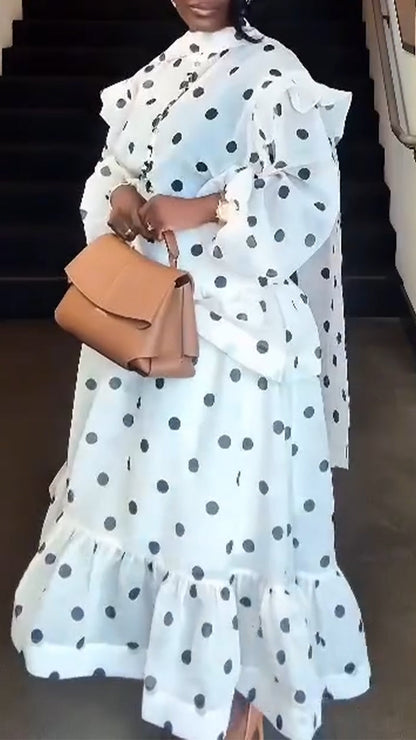 Women Round Neck Polka Dot Top+ Patchwork Skirt Casual Set with Temperament