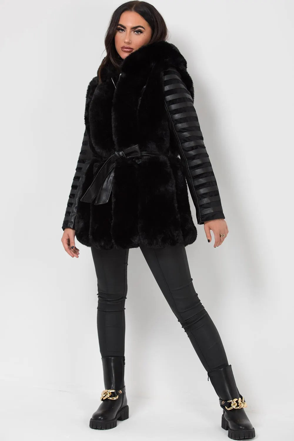 Faux Fur Faux Leather Hooded Panelled Sleeve Jacket Black