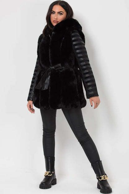 Faux Fur Faux Leather Hooded Panelled Sleeve Jacket Black