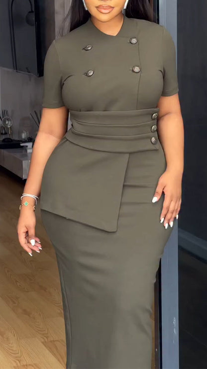 Women Round Neck Double Breasted Spliced Waist Cinching Commuting Dress with Temperament