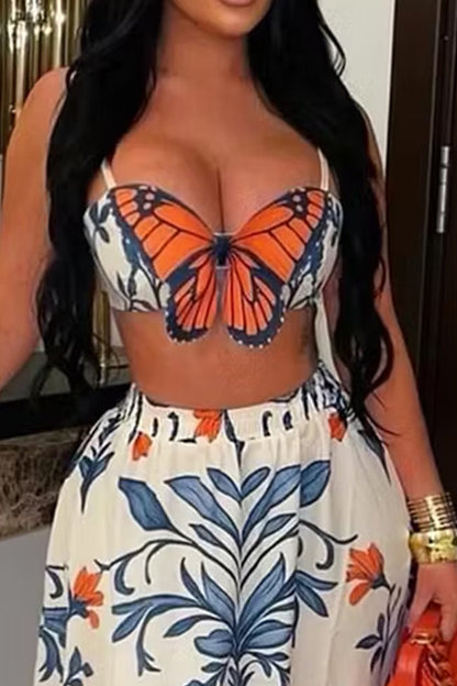 Women's Butterfly Print Vacation Cami Top Or Printed Long Skirt