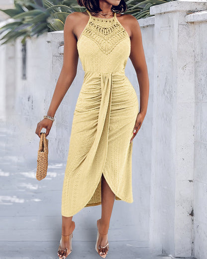 Adjustable Halter Hollow-out Back Ruched Front Slit Dress Guipure Lace Yoke Eyelet Embroidery Vacation Dress