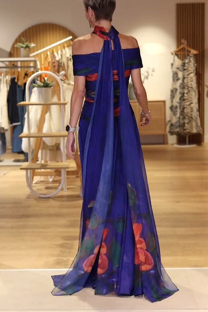 Women One-Shoulder Print Waist-Cinched Elegant Casual Maxi Dresses