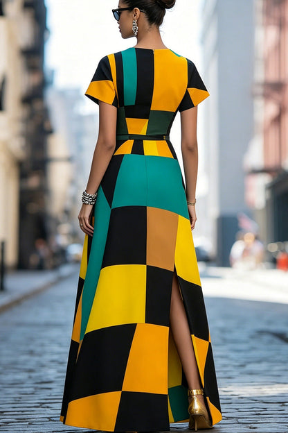 Women Multi Tone Geometric Color Block Short Sleeve Waist Belt Split Pocket Maxi Dress
