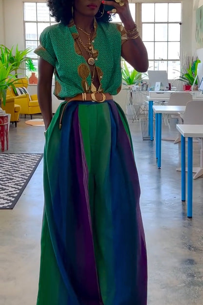 Women Casual V-neck Printed Top or Contrasting Wide Leg Pants