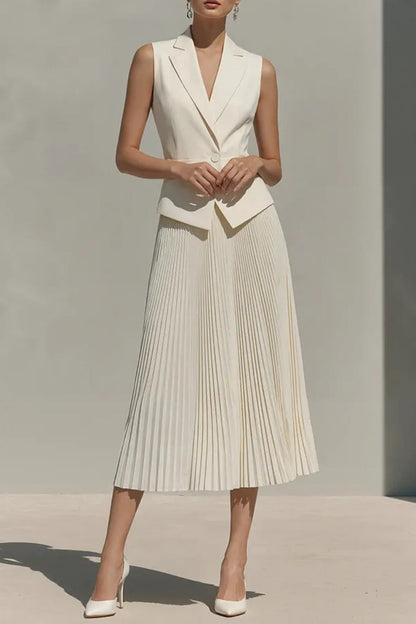 Women Collar Sleeveless Top+ Pleated Skirt Elegant Temperament Commuting Set
