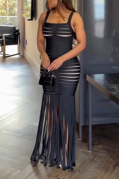 Women Spaghetti Strap Patchwork Tassel Waist Cinching Sexy Casual Maxi Dresses