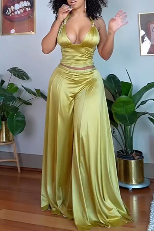 Women Neck Hanging Top+ Wide Leg Pants Satin Sexy Casual Suit