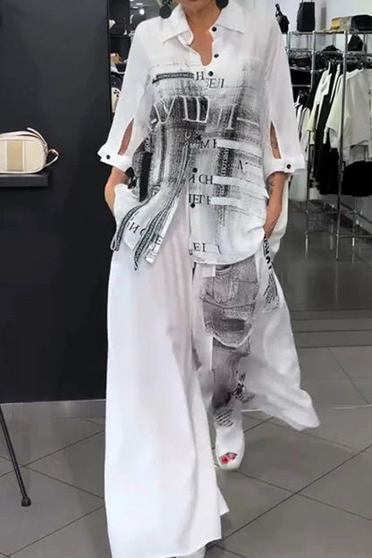Women's Casual Loose Fit Printed Shirt Top Or Printed Loose Fitting Wide Leg Trousers