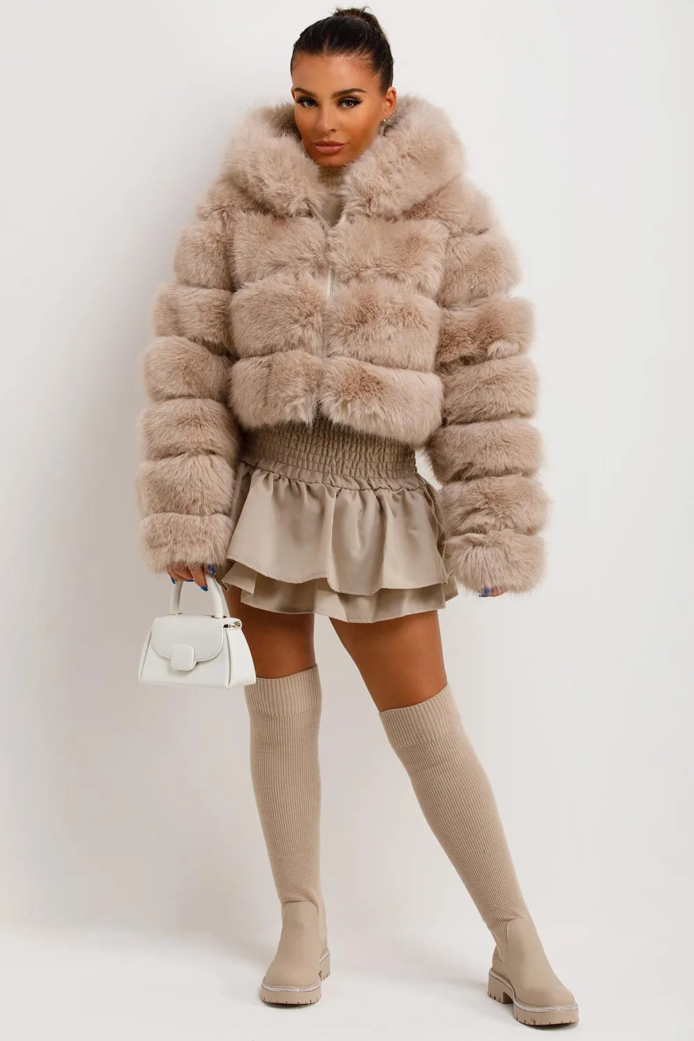 Faux Fur Coat With Hood Beige