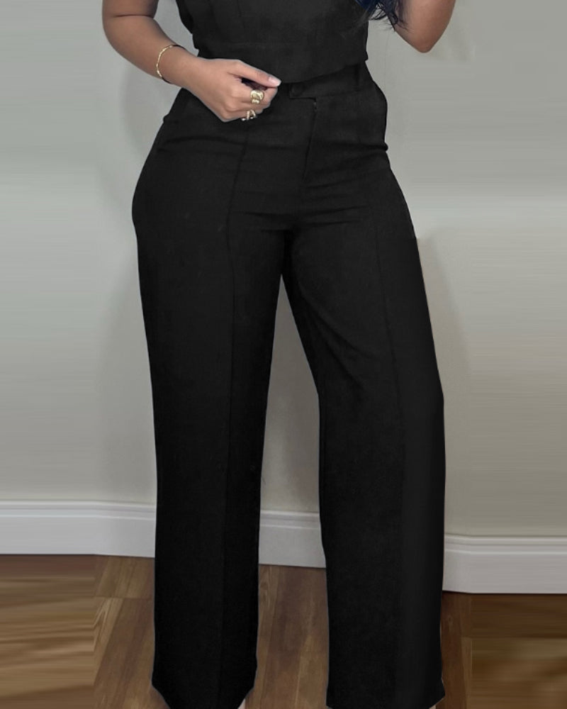 2 Pieces Outfit 3D Cutting Decor Design Cap Sleeve Hollow-out Back Crop Top and Casual Zipper Fly Seam Front Straight Pants Set