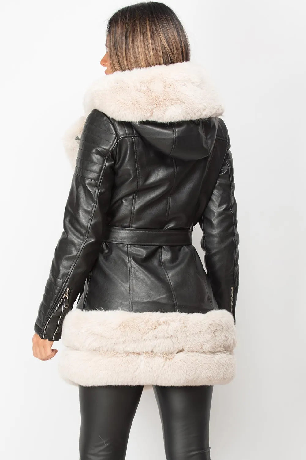 Cream Faux Fur Faux Leather Hooded Belted Jacket Black
