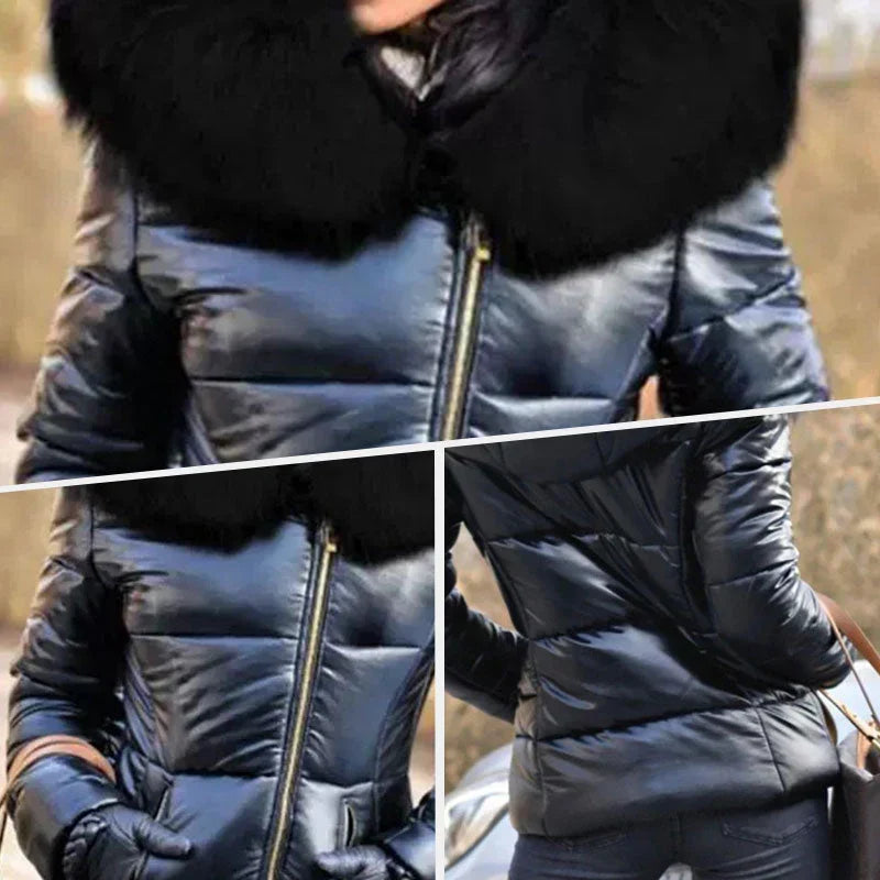 Women's casual warm large fur collar hooded jacket