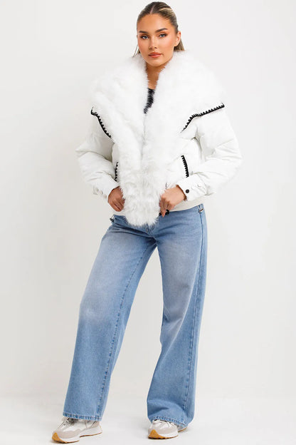 Faux Fur Collar And Trim Puffer Coat With Contrast Stitching Detail White