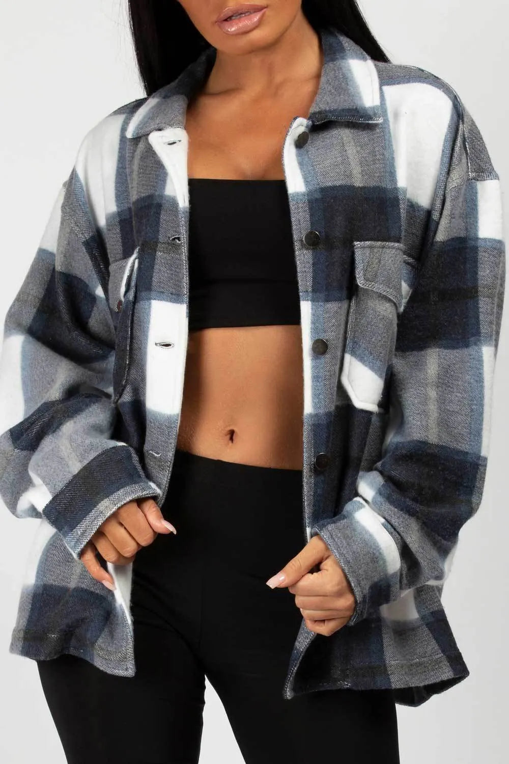 Navy Check Oversized Shacket Shirt Jacket
