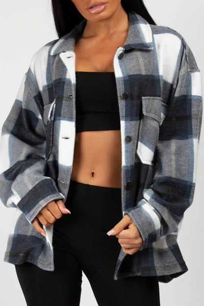 Navy Check Oversized Shacket Shirt Jacket