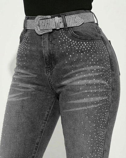 Rhinestone Decor High Waist Zipper Fly Skinny Jeans Washed Denim Pants without Belt