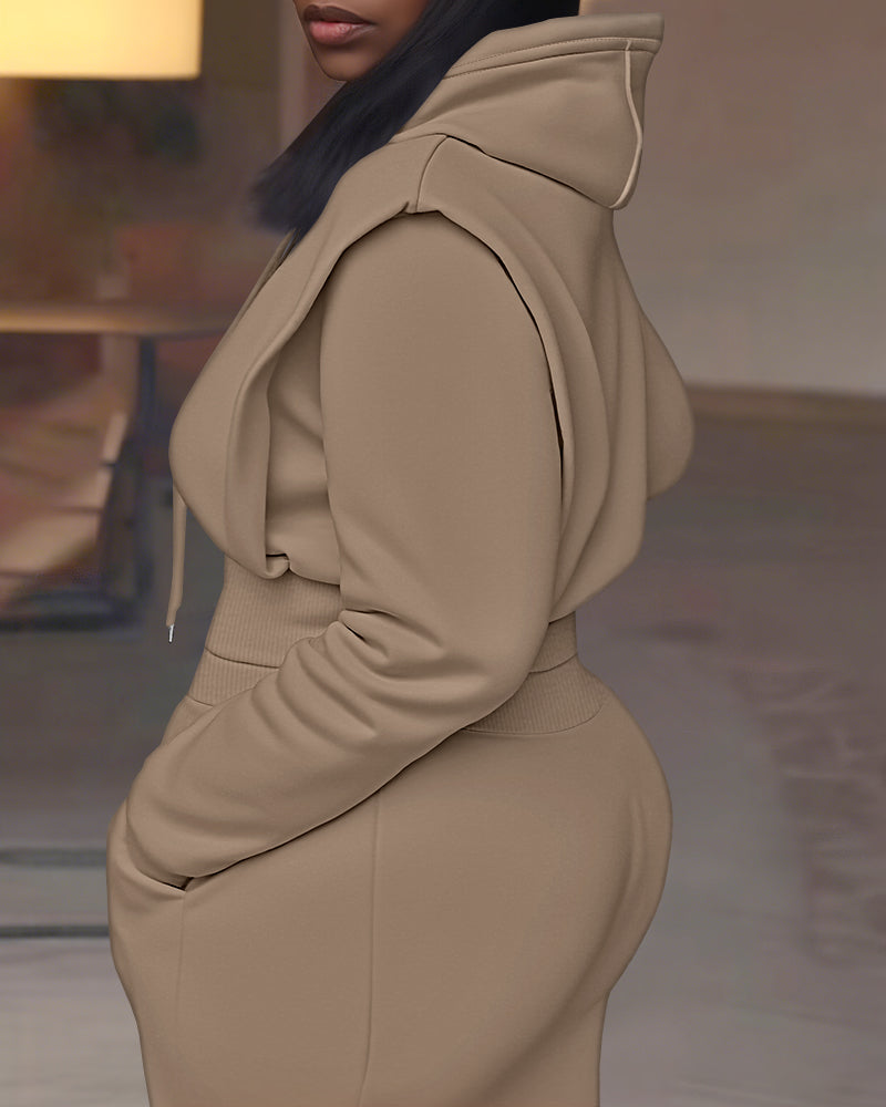 2 Pieces Outfit Long Sleeve Crop Drawstring Hoodie Sweatshirt With Thumb Hole Cuffs And Casual Drawstring Elastic Waist Wide Leg Sweatpants Set
