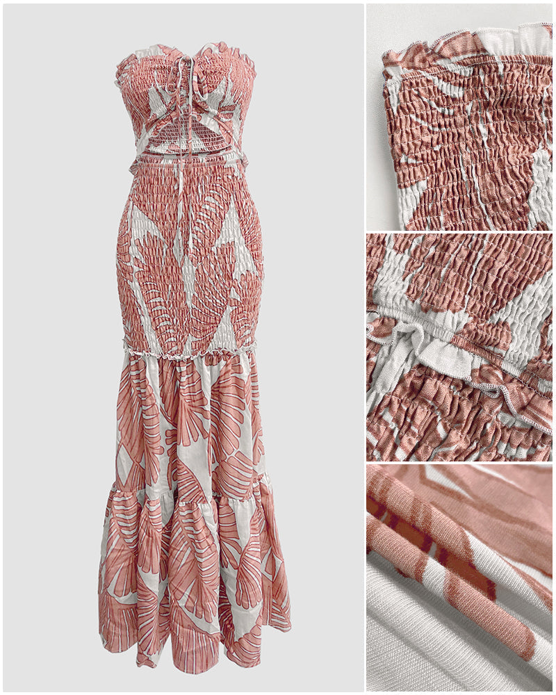 Tropical Print Halter Tie Shirred Frill Trim Cinched Waist Vacation Dress Ruched Cutout Front Slim Fit Ruffle Hem Mermaid Dress