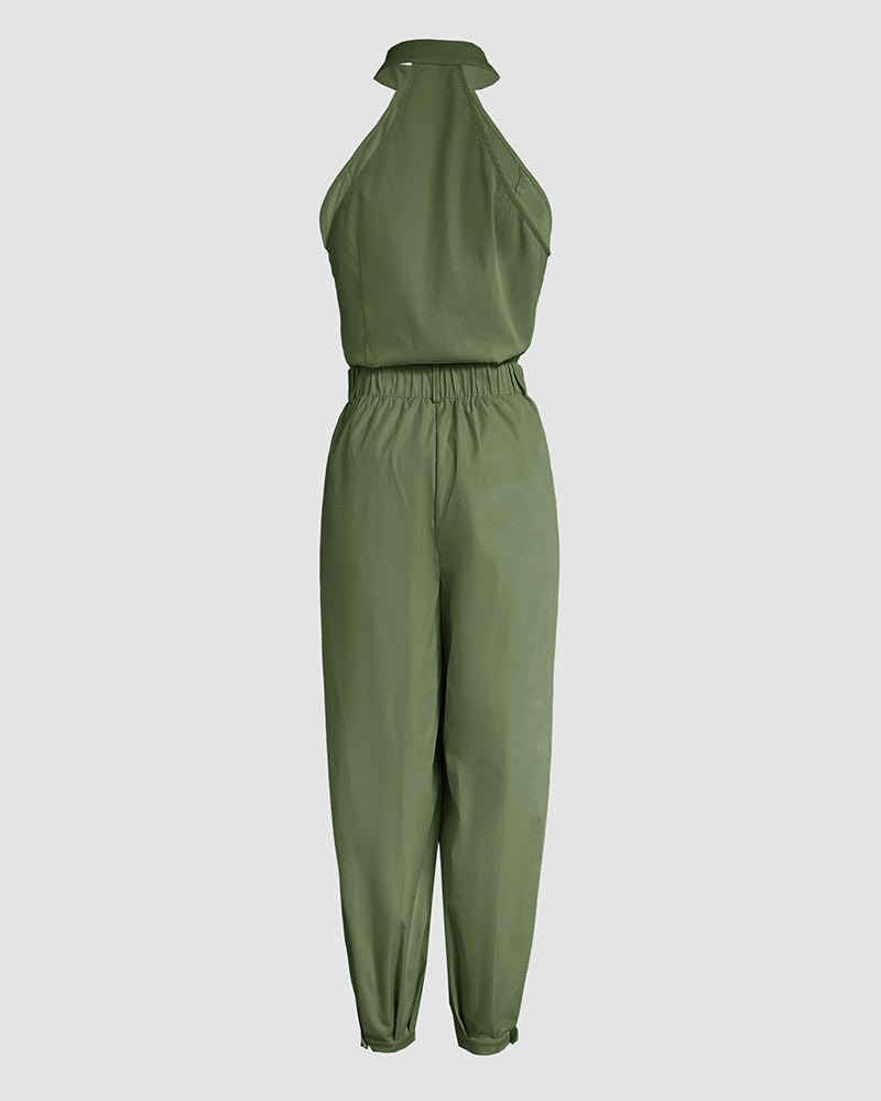 2 Pieces Outfits Sleeveless High Neck Cargo Pockets Design Top And Casual Cuffed Long Pants Set